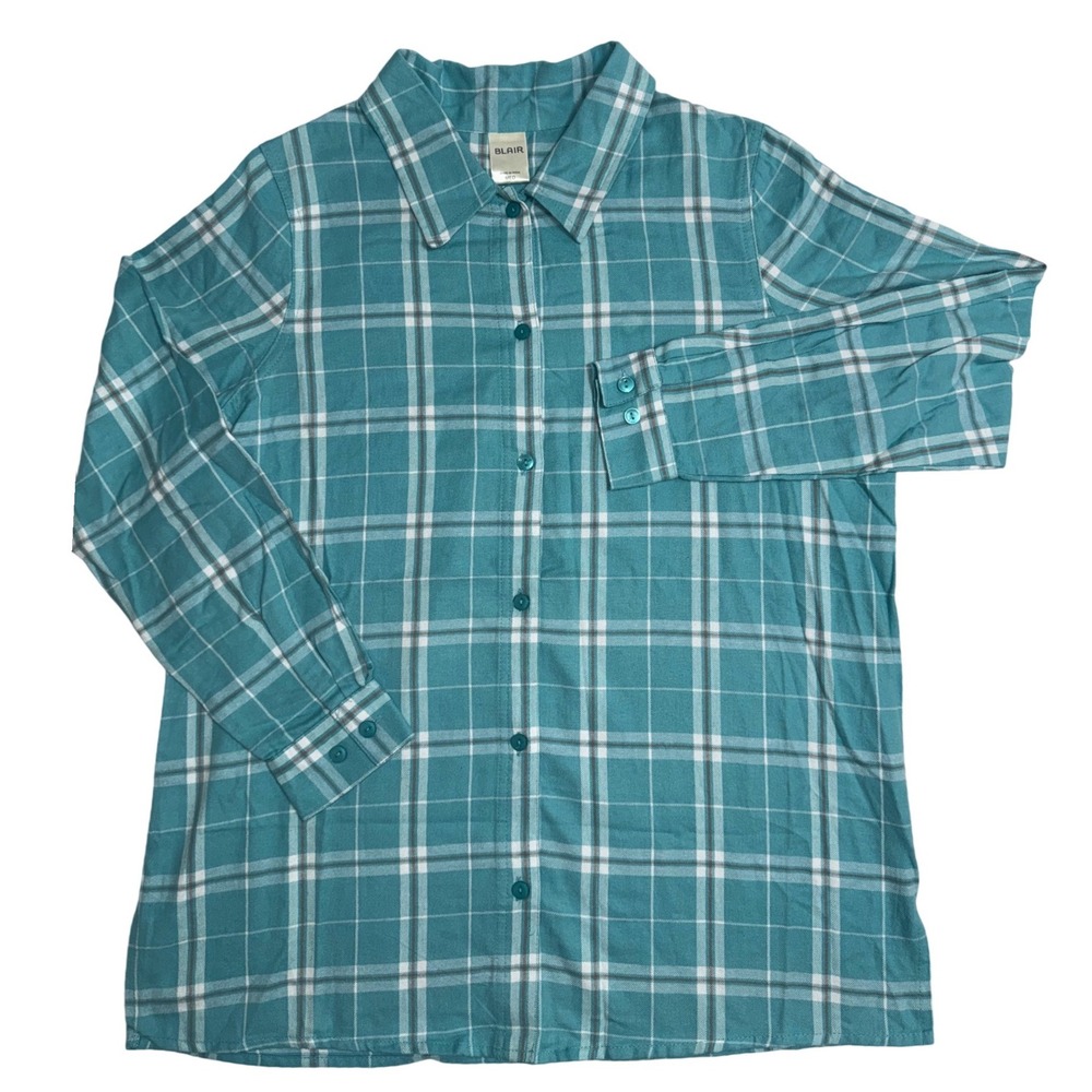 Blair Womens Teal Plaid Button Down Shirt 100% Cotton Long Sleeve Size Med NEW